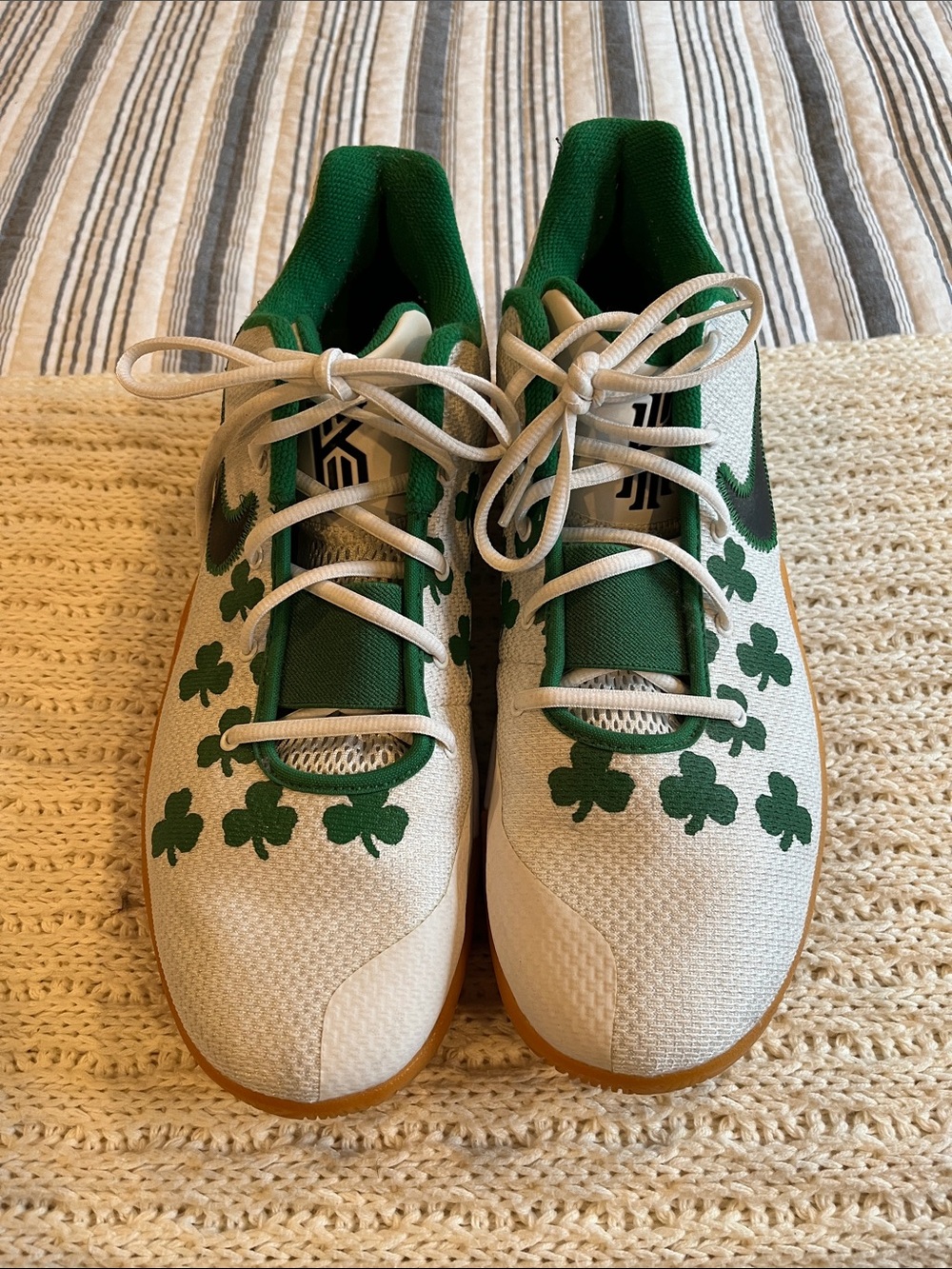 Nike White and Green Athletic Shoes with Shamrock Design